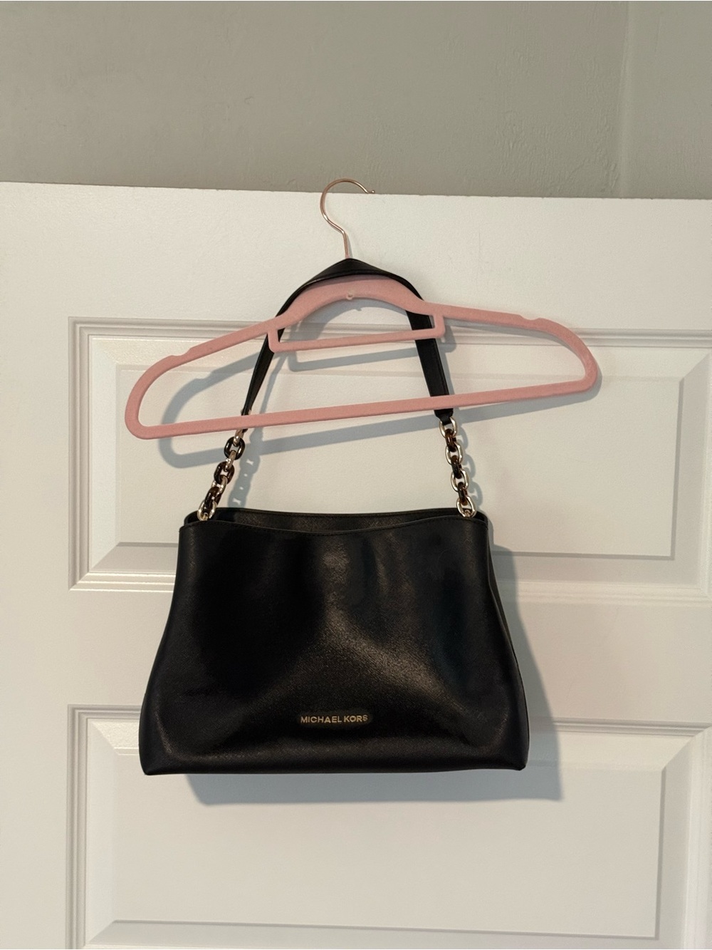 Michael Kors Black Leather Shoulder Bag with Gold Chain Accents